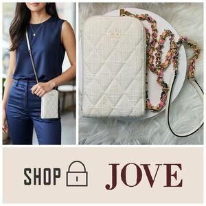 $299 Kate Spade Quilted Tweed Fabric Phone Chain Crossbody Ivory White Pink